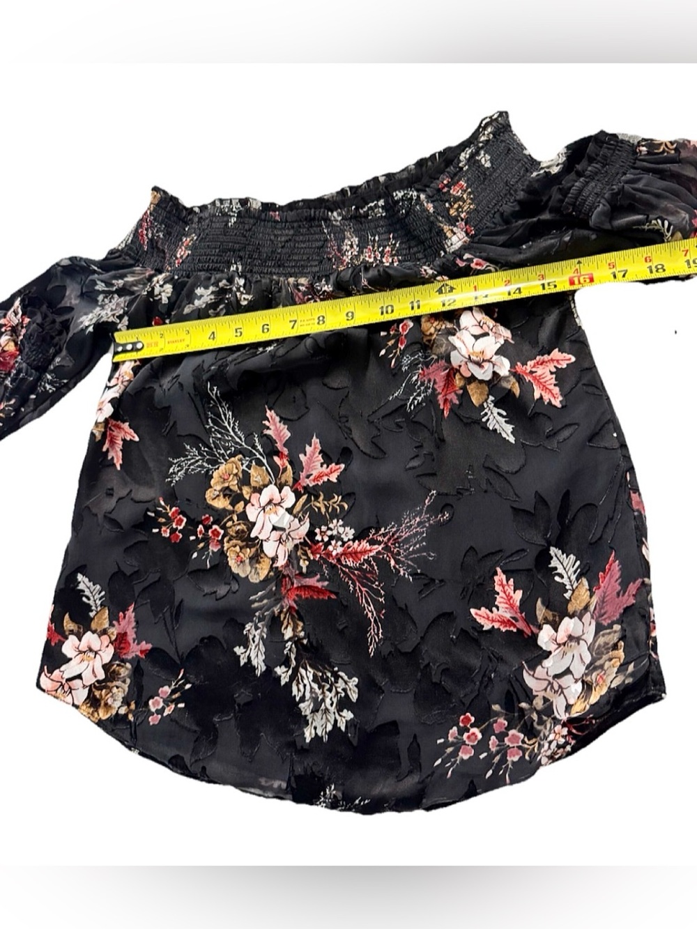 WHBM Black Floral Burnout Silk Off Shoulder Peasant Blouse XS - Picture 7 of 9
